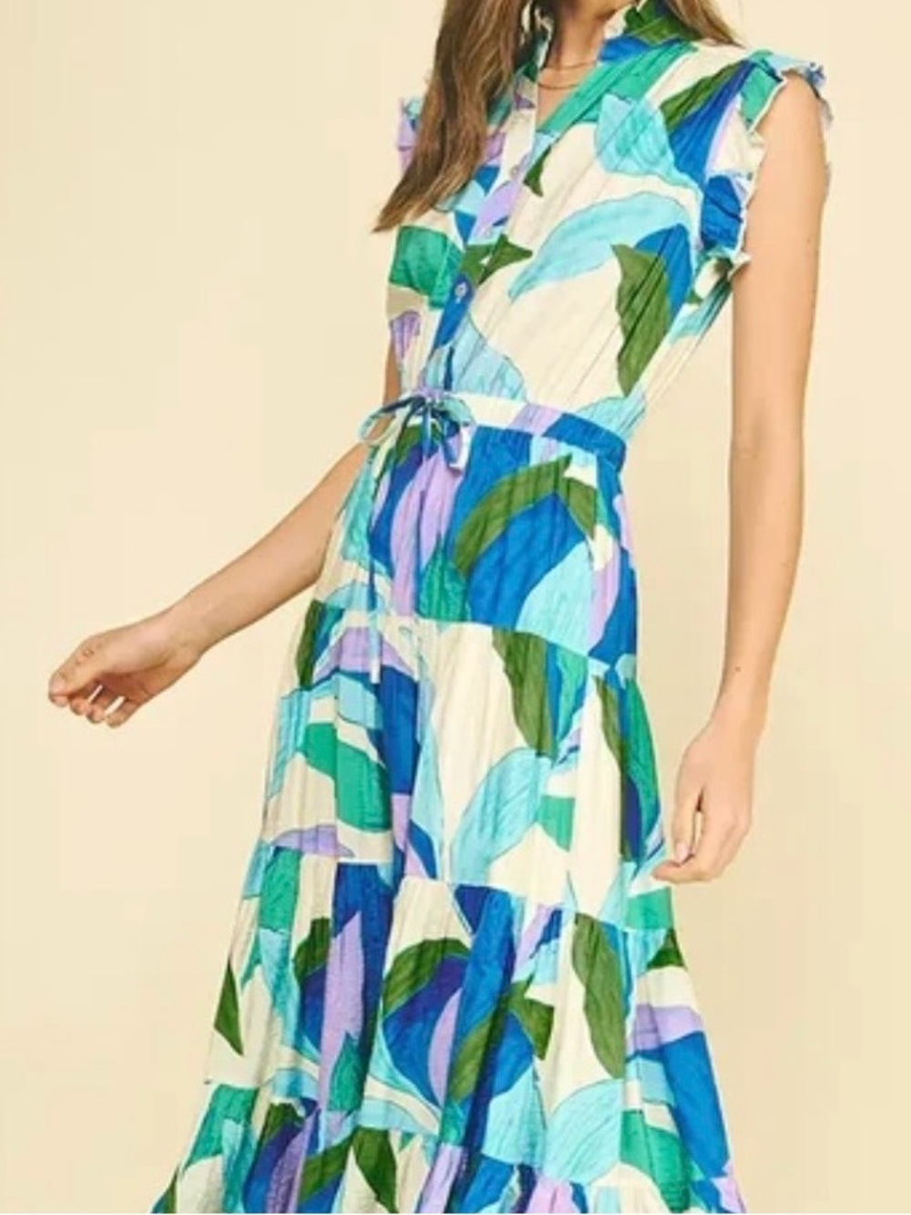 Pinch Floral Leaf Tiered Maxi Dress in Blue, Green & Lilac